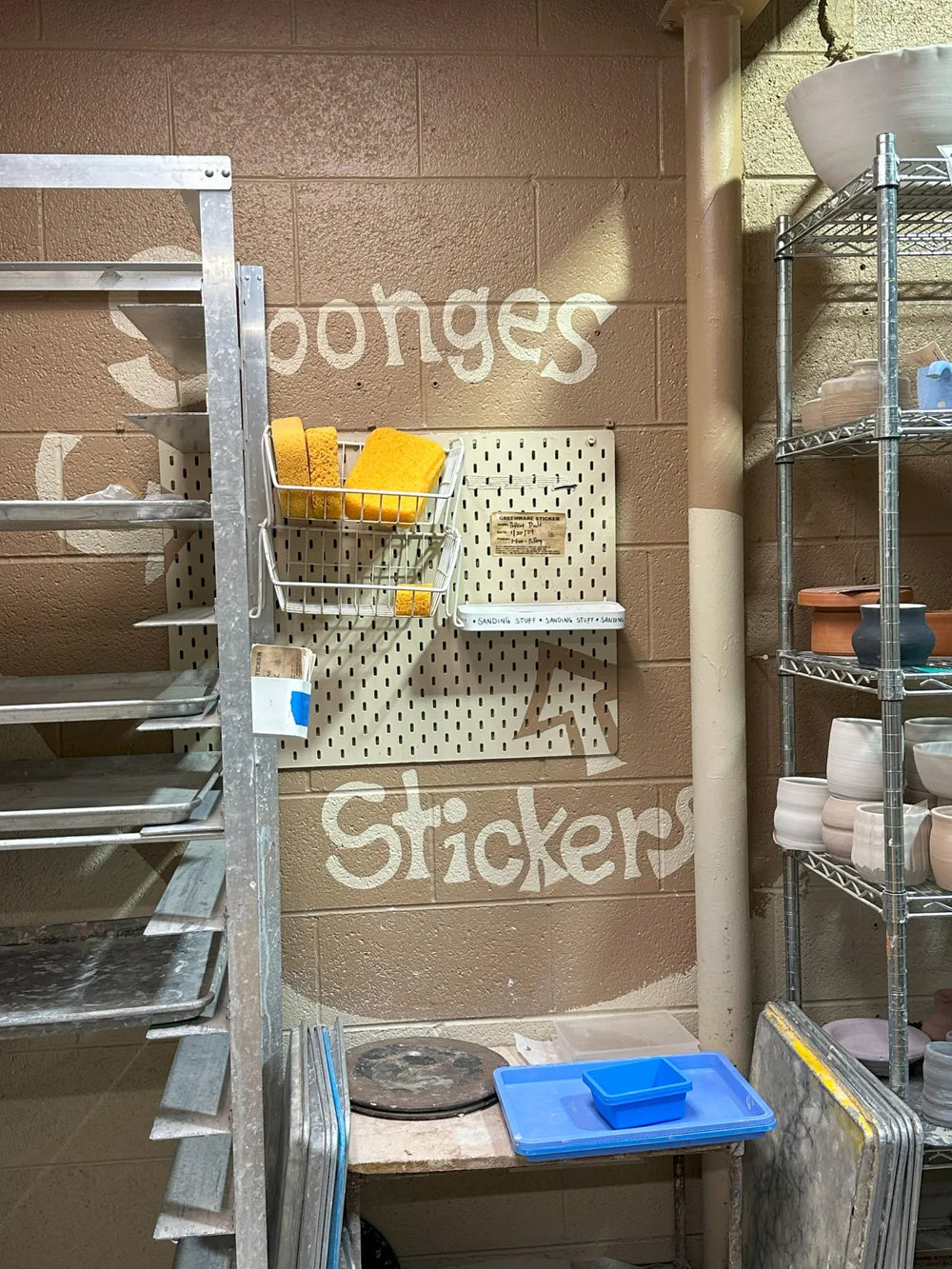Sponges and stickers area in the studio